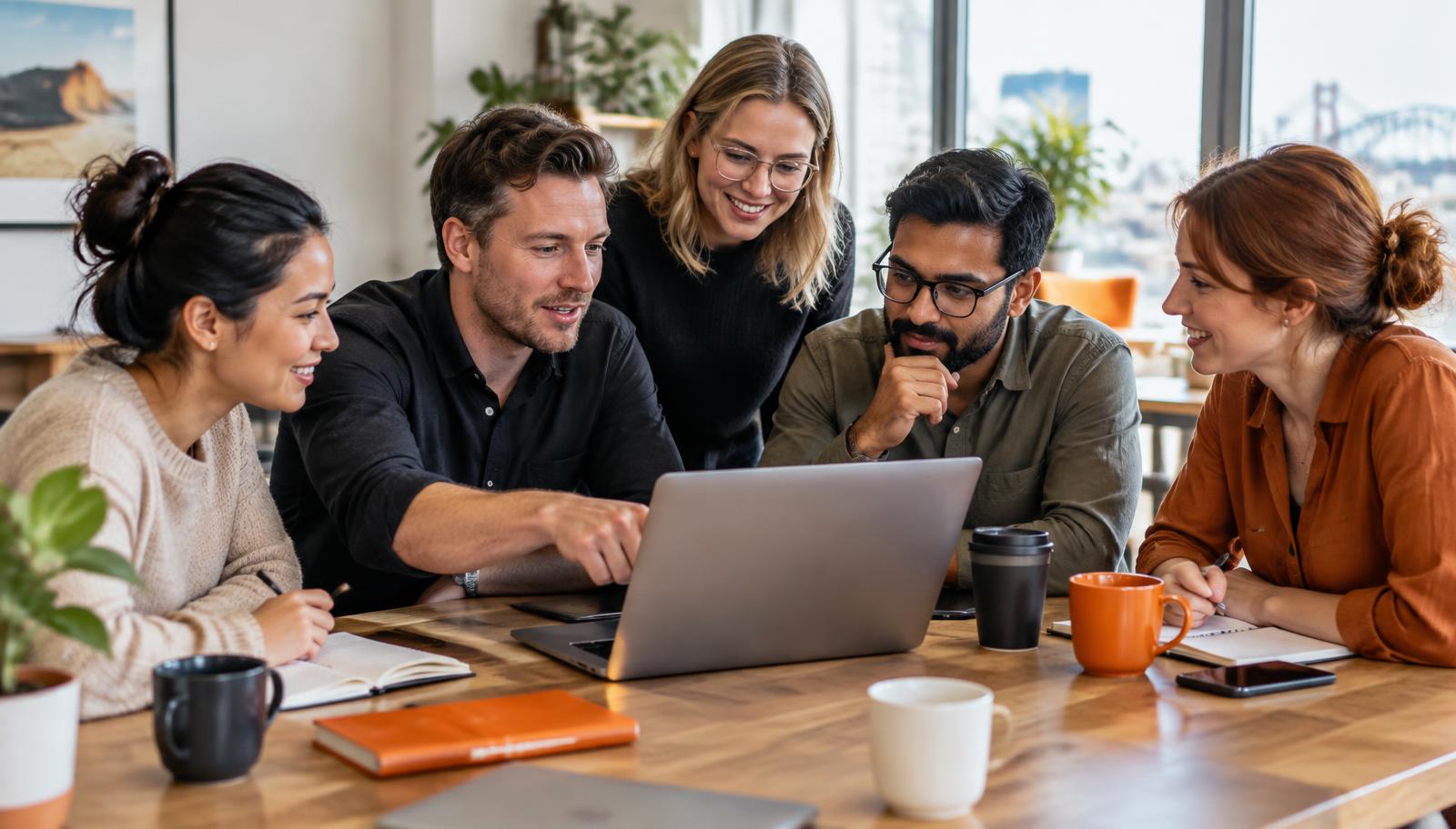 A small team gathered around a laptop, working through AI together